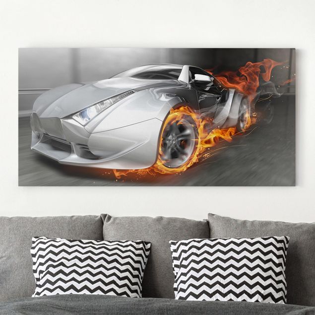schwarz-weiß Bilder auf Leinwand Supercar in Flammen