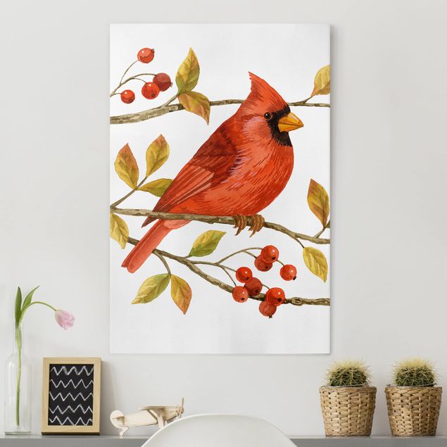 moderne Leinwandbilder Vögel und Beeren - Rotkardinal