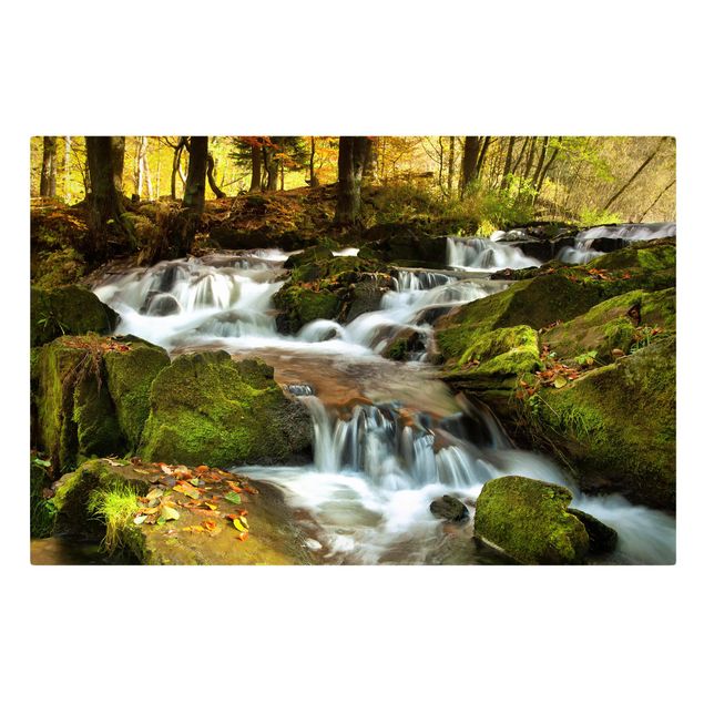 Leinwandbild - Wasserfall herbstlicher Wald - Quer 3:2