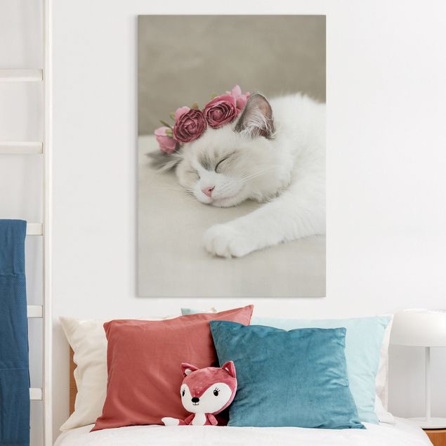 Leinwandbild Rose Schlafende Katze mit Rosen