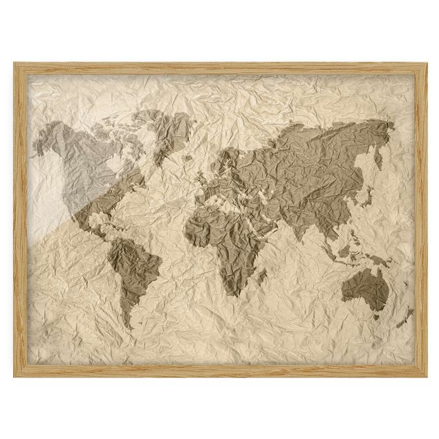 Wandbilder mit Rahmen Papier Weltkarte Beige Braun