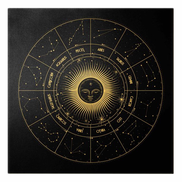 Leinwandbild Gold - Astrologie Sternzeichen im Sonnenkreis Schwarz - Quadrat