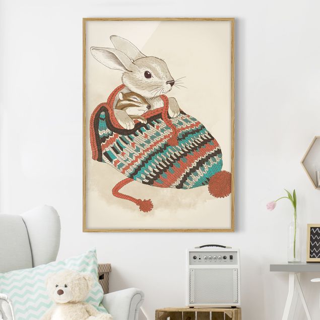 Moderne Bilder mit Rahmen Illustration Kuschelnder Hase in Mütze