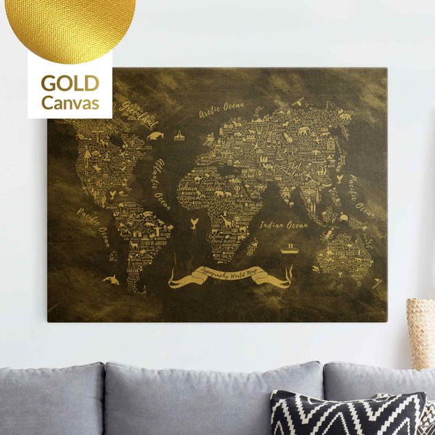 Leinwandbild Gold - Kreide Typografie Weltkarte - Querformat 4:3