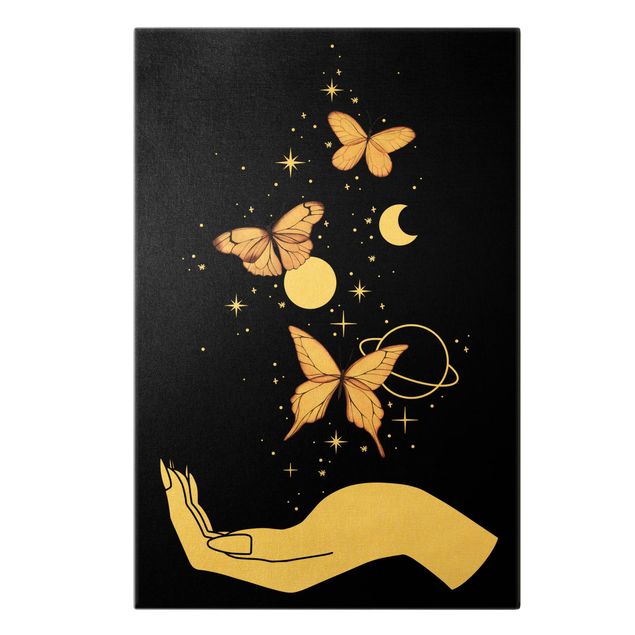 Leinwandbild Gold - Zaubernde Hand - Schmetterlinge Rosa - Hochformat 2:3
