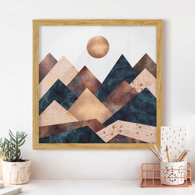 Moderne Bilder mit Rahmen Geometrische Berge Bronze