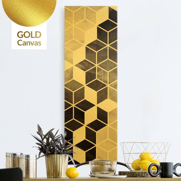 Leinwandbild Gold - Goldene Geometrie - Schwarz Weiß - Hochformat 1:3