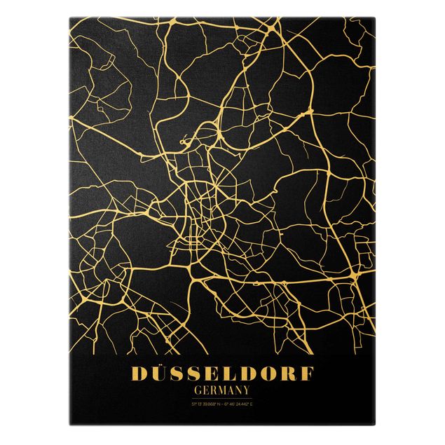 Leinwandbild Gold - Stadtplan Düsseldorf - Klassik Schwarz - Hochformat 4:3