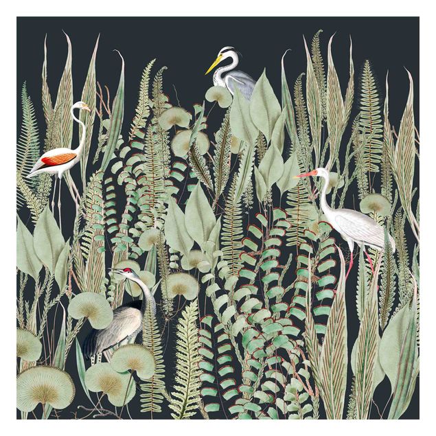 Design Tapeten Flamingo und Storch mit Pflanzen auf Grün