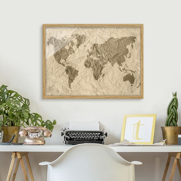 Weltkarten Bilder mit Rahmen Papier Weltkarte Beige Braun