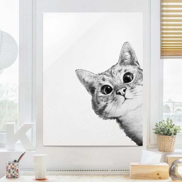 Glasbild - Illustration Katze Zeichnung Schwarz Weiß - Hochformat 4:3