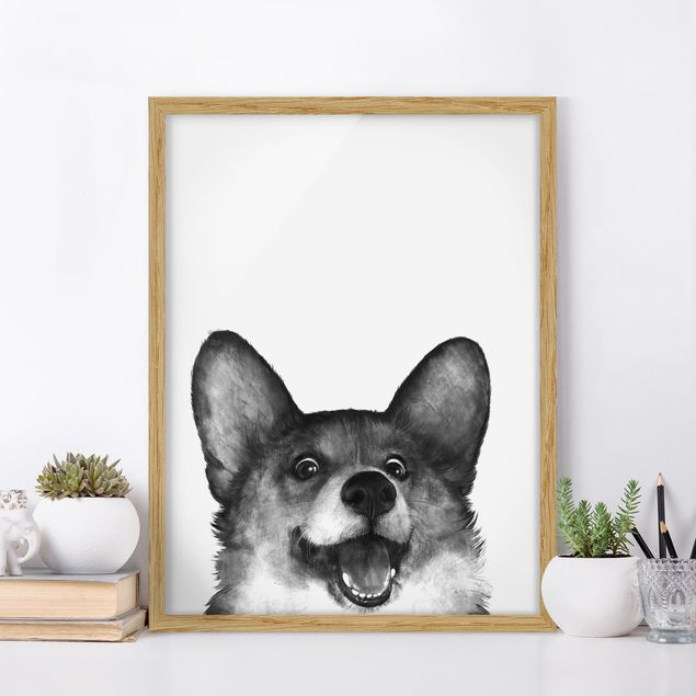 Moderne Bilder mit Rahmen Illustration Hund Corgi Weiß Schwarz Malerei
