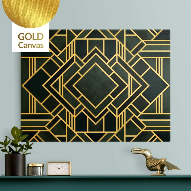 Leinwandbild Gold - Goldene Geoemetrie - Art Deco Blau - Querformat 4:3