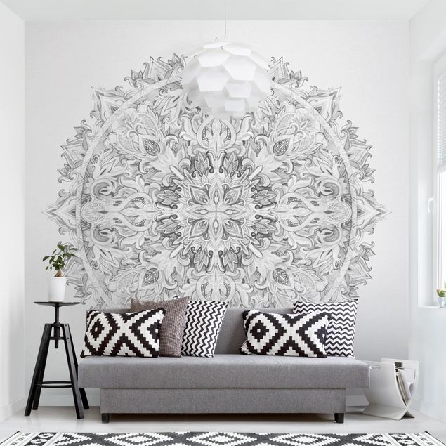 Tapeten mit Muster Mandala Aquarell Ornament schwarz weiß