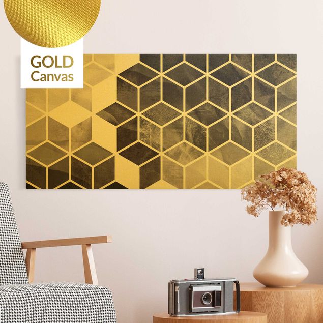 Leinwandbild Gold - Goldene Geometrie - Schwarz Weiß - Querformat 2:1