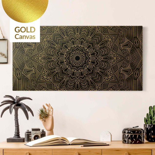 Leinwandbild Gold - Mandala Stern Muster silber schwarz - Querformat 2:1