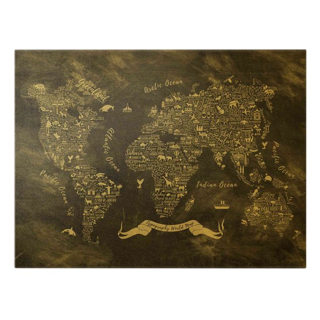 Leinwandbild Gold - Kreide Typografie Weltkarte - Querformat 4:3