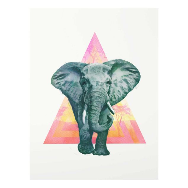 Glasbild - Illustration Elefant vor Dreieck Malerei - Hochformat 4:3