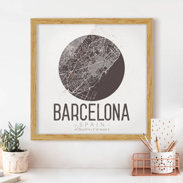 Moderne Bilder mit Rahmen Stadtplan Barcelona - Retro