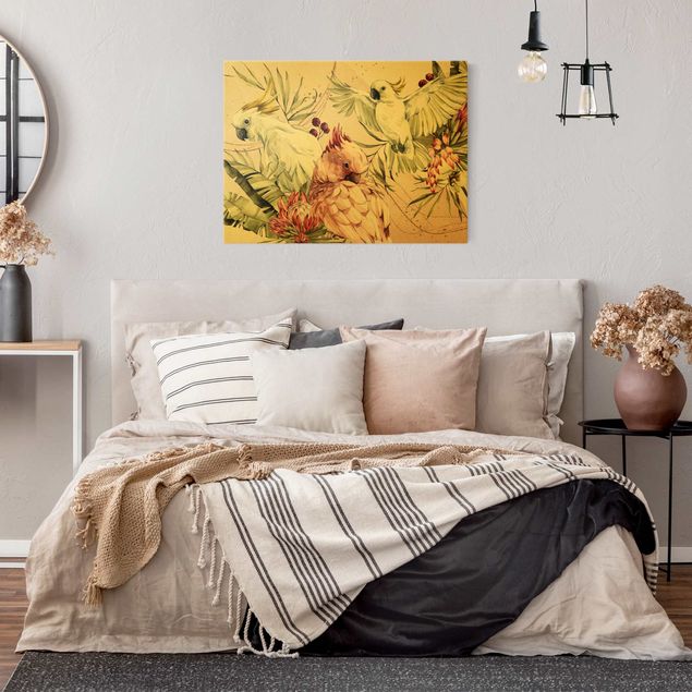 Leinwandbild Gold - Tropische Vögel - Kakadus Pink und Weiß - Querformat 3:4