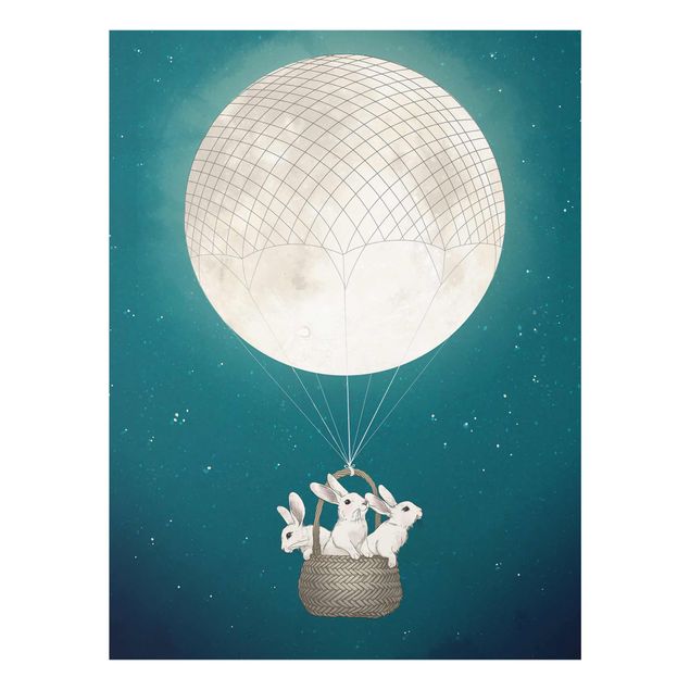 Glasbild - Illustration Hasen Mond-Heißluftballon Sternenhimmel - Hochformat 4:3