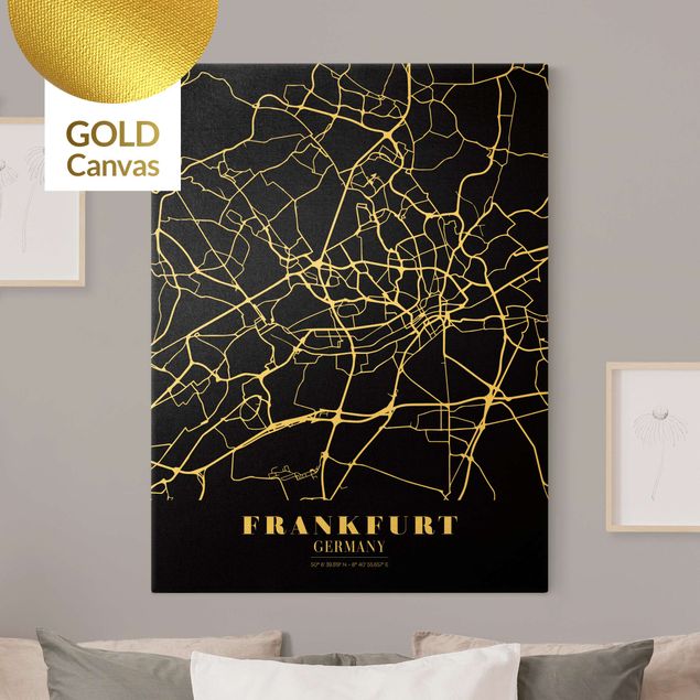 Leinwandbild Gold - Stadtplan Frankfurt - Klassik Schwarz - Hochformat 3:4