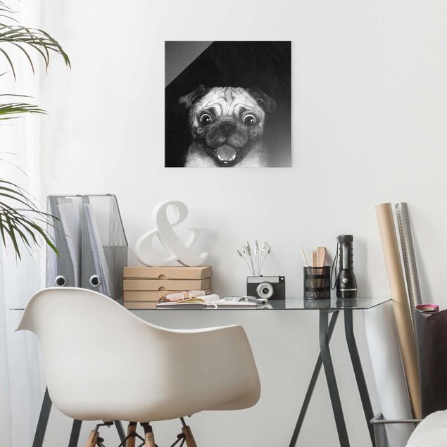 Glasbilder Schwarz-Weiß Illustration Hund Mops Malerei auf Schwarz Weiß