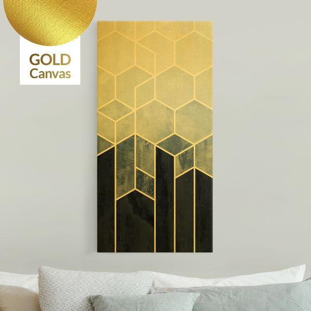 Leinwandbild Gold - Elisabeth Fredriksson - Goldene Geometrie - Sechsecke Blau Weiß - Hochformat 2:1