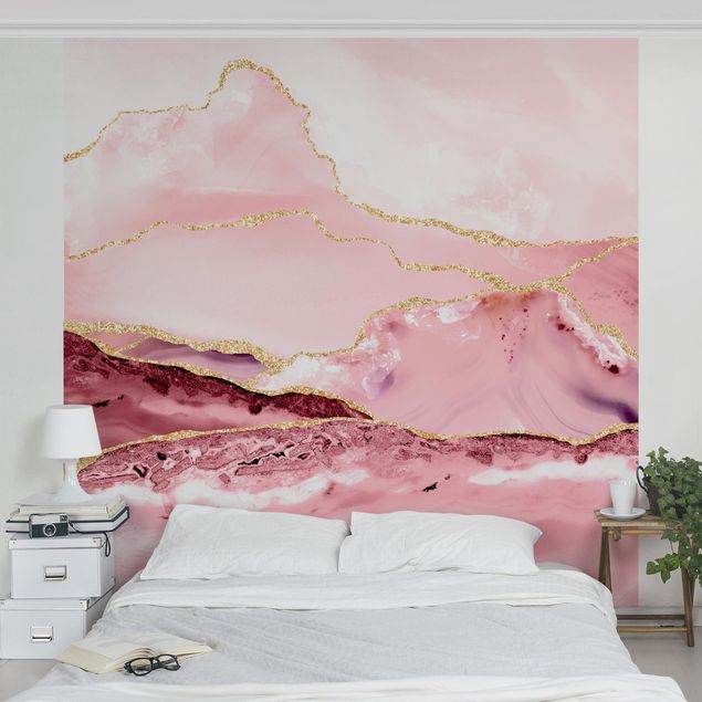 Fototapete Aquarell Abstrakte Berge Rosa mit Goldenen Linien
