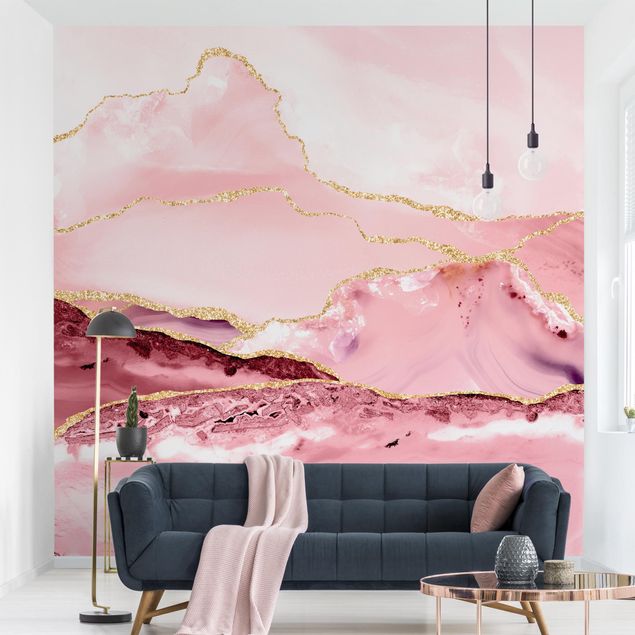 Tapete modern elegant Abstrakte Berge Rosa mit Goldenen Linien