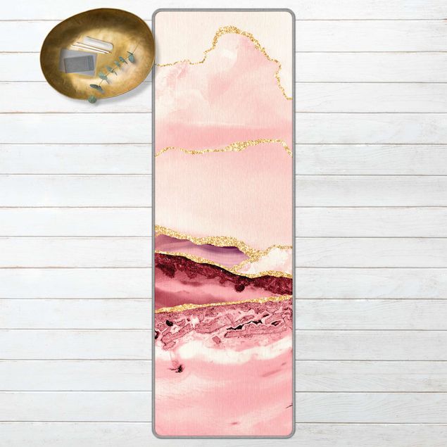 Teppich Marmor Optik Abstrakte Berge Rosa mit Goldenen Linien