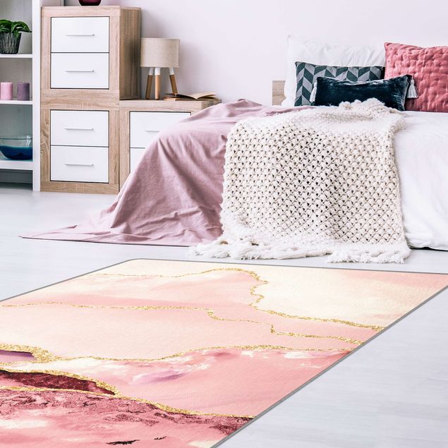 Moderne Teppiche Abstrakte Berge Rosa mit Goldenen Linien