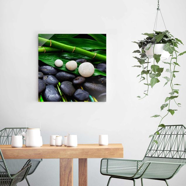 Glasbilder Blumen Grüner Bambus mit Zen Steinen