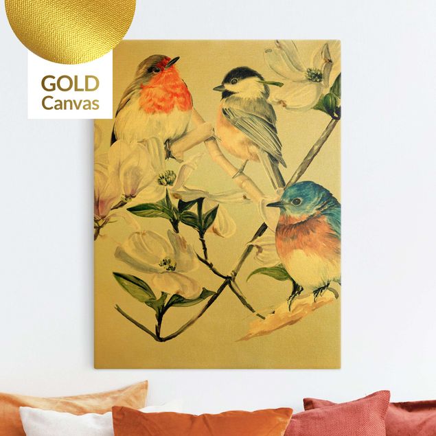 Leinwandbild Gold - Bunte Vögel auf einem Magnolienast I - Hochformat 3:4