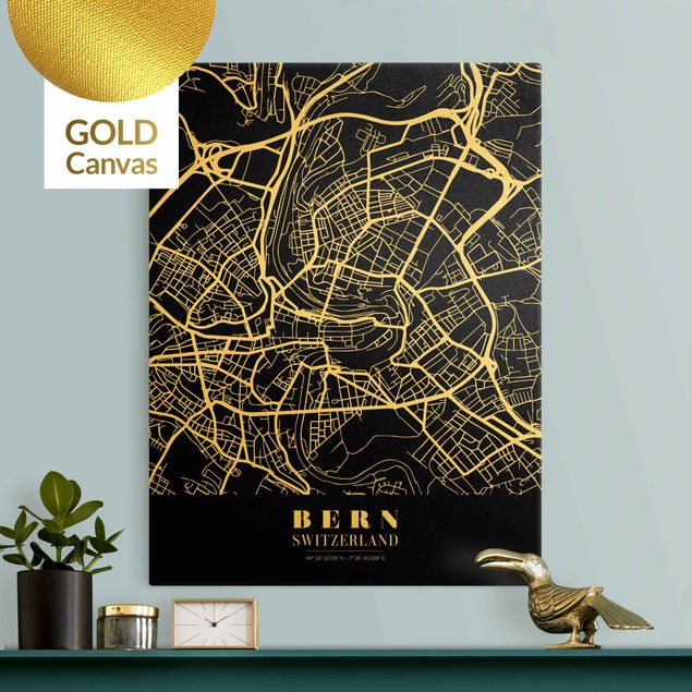 Leinwandbild Gold - Stadtplan Bern - Klassik Schwarz - Hochformat 3:4