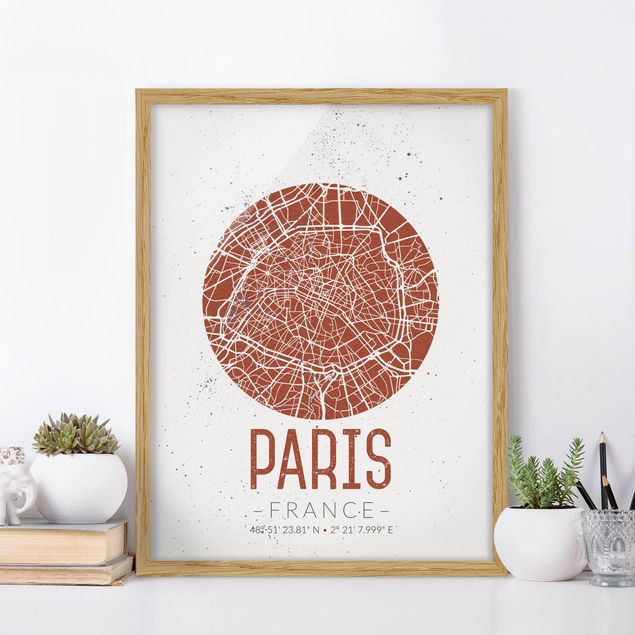 Moderne Bilder mit Rahmen Stadtplan Paris - Retro