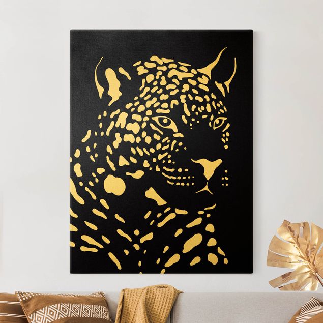Leinwandbild Gold - Safari Tiere - Portrait Leopard Schwarz - Hochformat 4:3