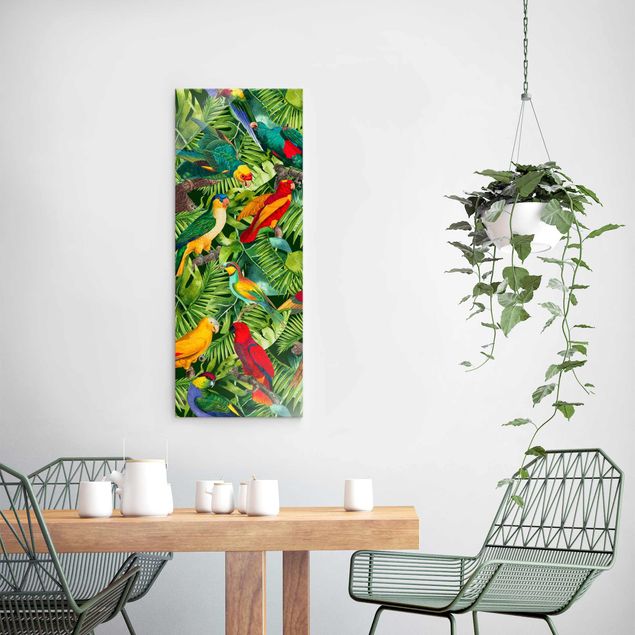 Glasbilder Blumen Bunte Collage - Papageien im Dschungel