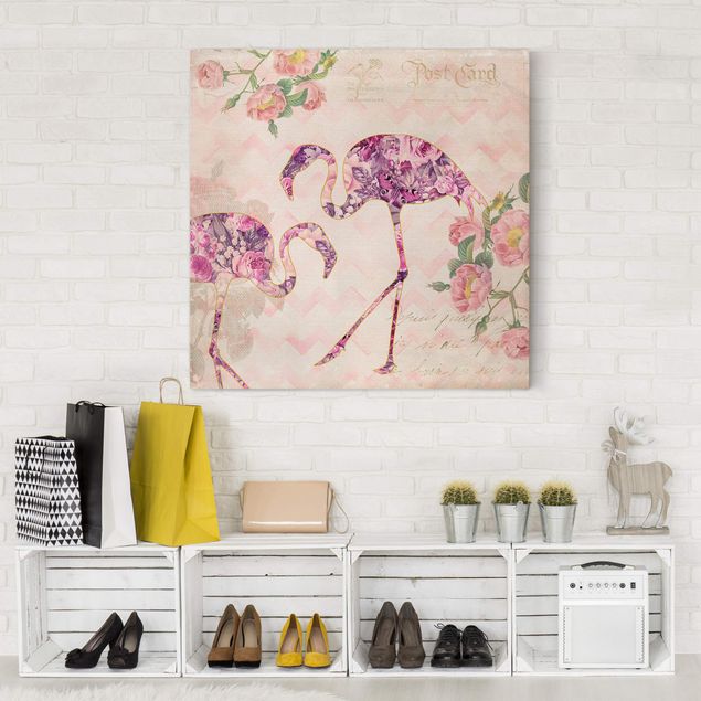 Leinwandbild - Vintage Collage - Rosa Blüten Flamingos - Quadrat 1:1