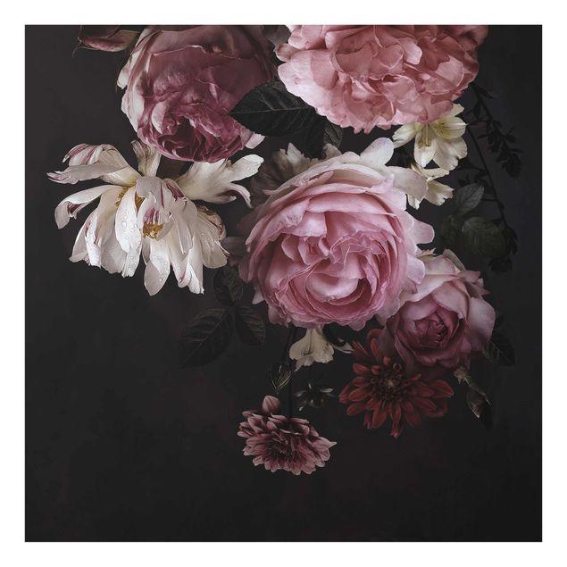 Glasbilder Rosa Blumen auf Schwarz Vintage