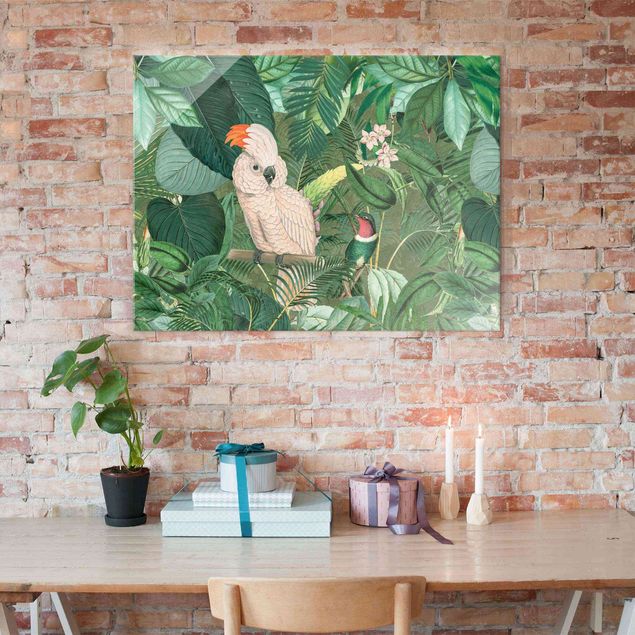 Glas Wandbilder XXL Vintage Collage - Kakadu und Kolibri