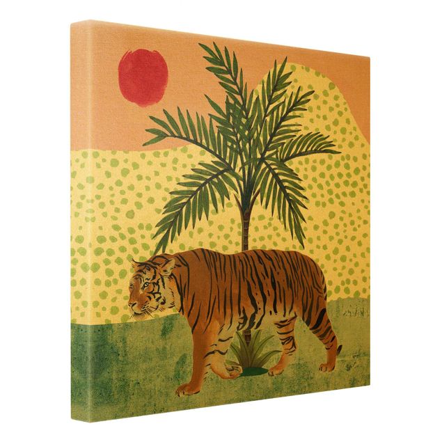 Leinwandbild Gold - Spazierender Tiger im Morgenrot - Quadrat 1:1