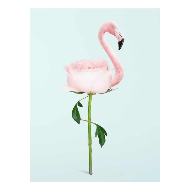 Glasbild - Jonas Loose - Flamingo mit Rose - Hochformat 4:3