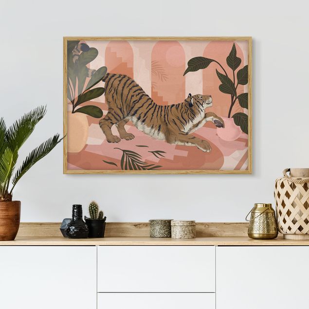 Tiere Bilder mit Rahmen Illustration Tiger in Pastell Rosa Malerei
