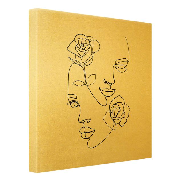 Leinwandbild Gold - Line Art Gesichter Frauen Rosen Schwarz Weiß - Quadrat