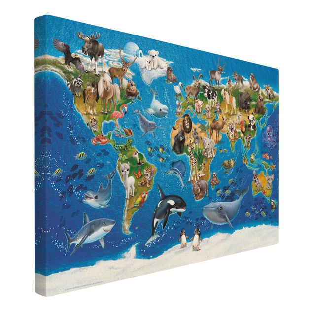 Leinwandbild Kinderzimmer - Weltkarte mit Tieren - Querformat 3:2