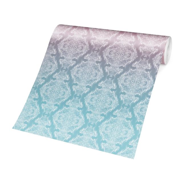Design Tapeten Aquarell Barock Muster mit Blau Rosa Verlauf