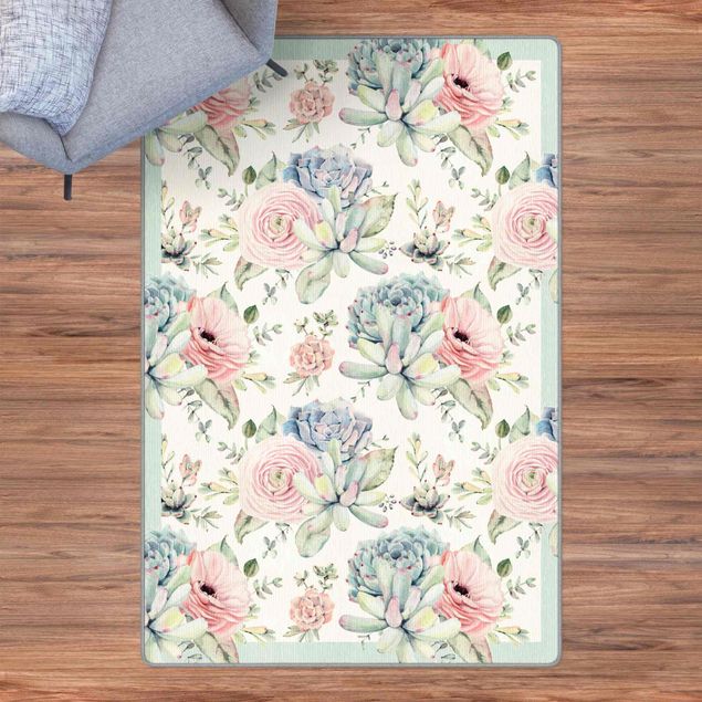 Teppich pastell Aquarell Blumenbouquet mit Sukkulenten und Rahmen