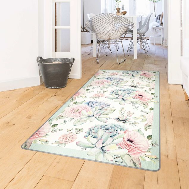 Moderner Teppich Aquarell Blumenbouquet mit Sukkulenten und Rahmen