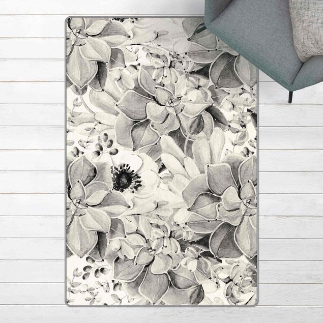 Teppich Blumenmuster Aquarell Sukkulente mit Blüte in Schwarz Weiß